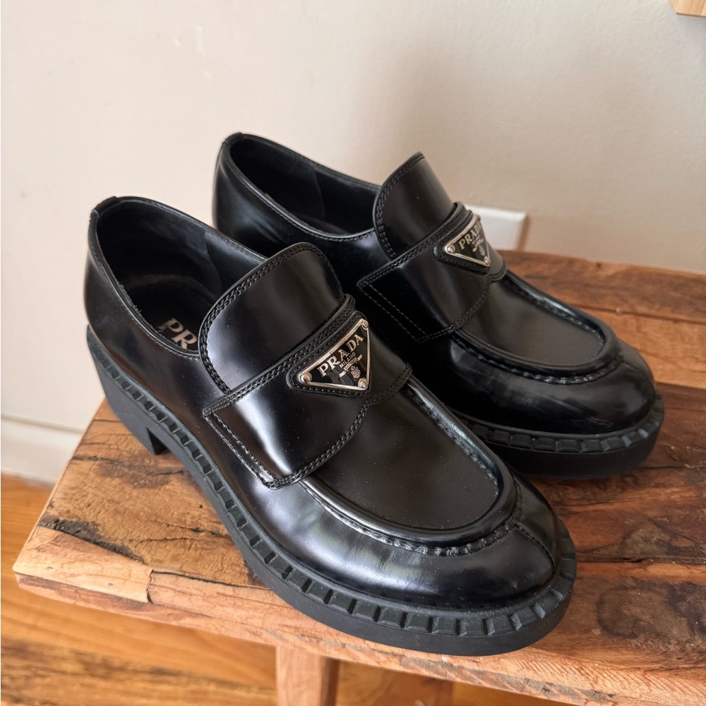 100% Authentic Prada Black Leather Triangle Loafers